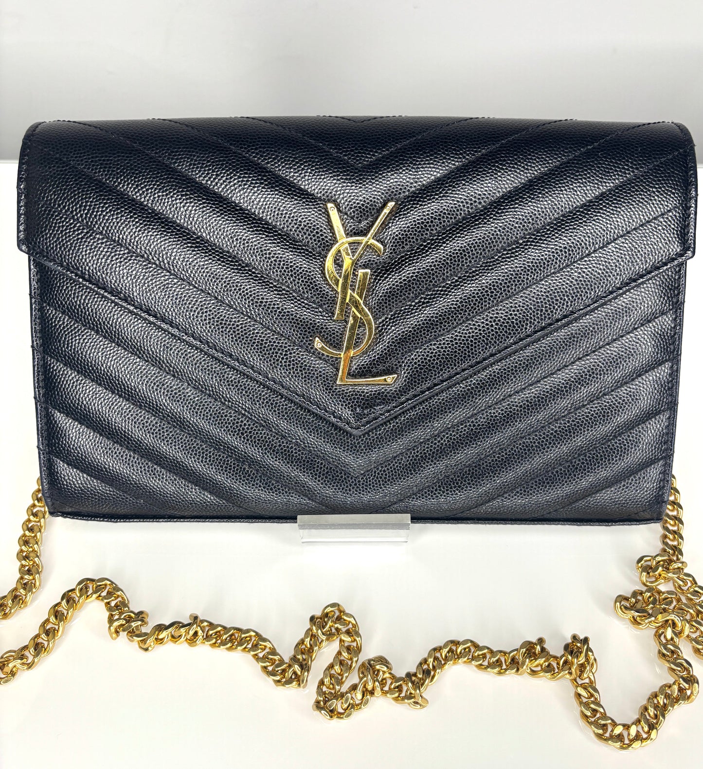 Saint Laurent Preloved YSL Cassandre Black Grain De Poudre Chain Wallet Cross-Body Bag