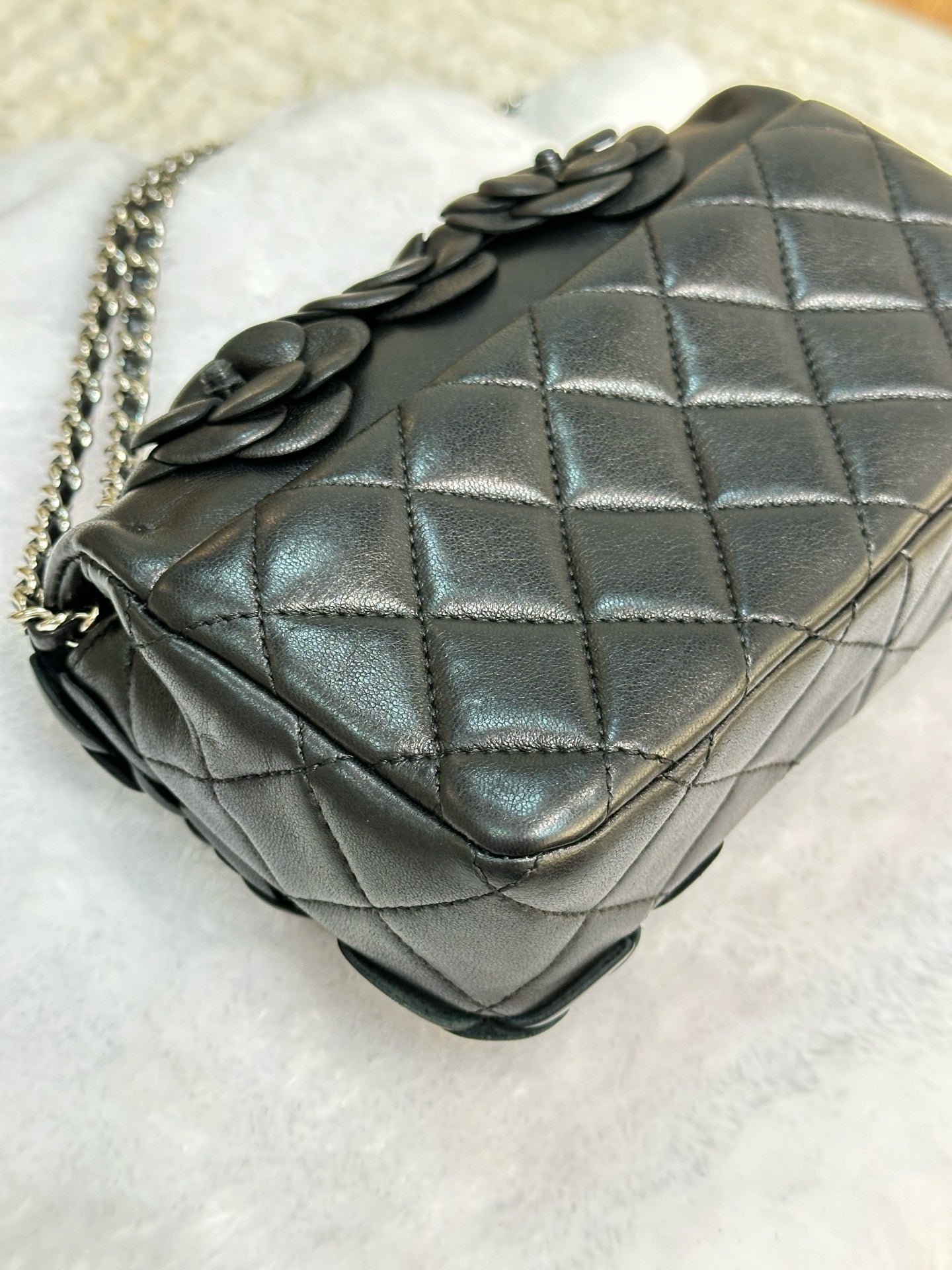 Chanel Mini Limited Edition Black Camellia Lambskin Flap Bag