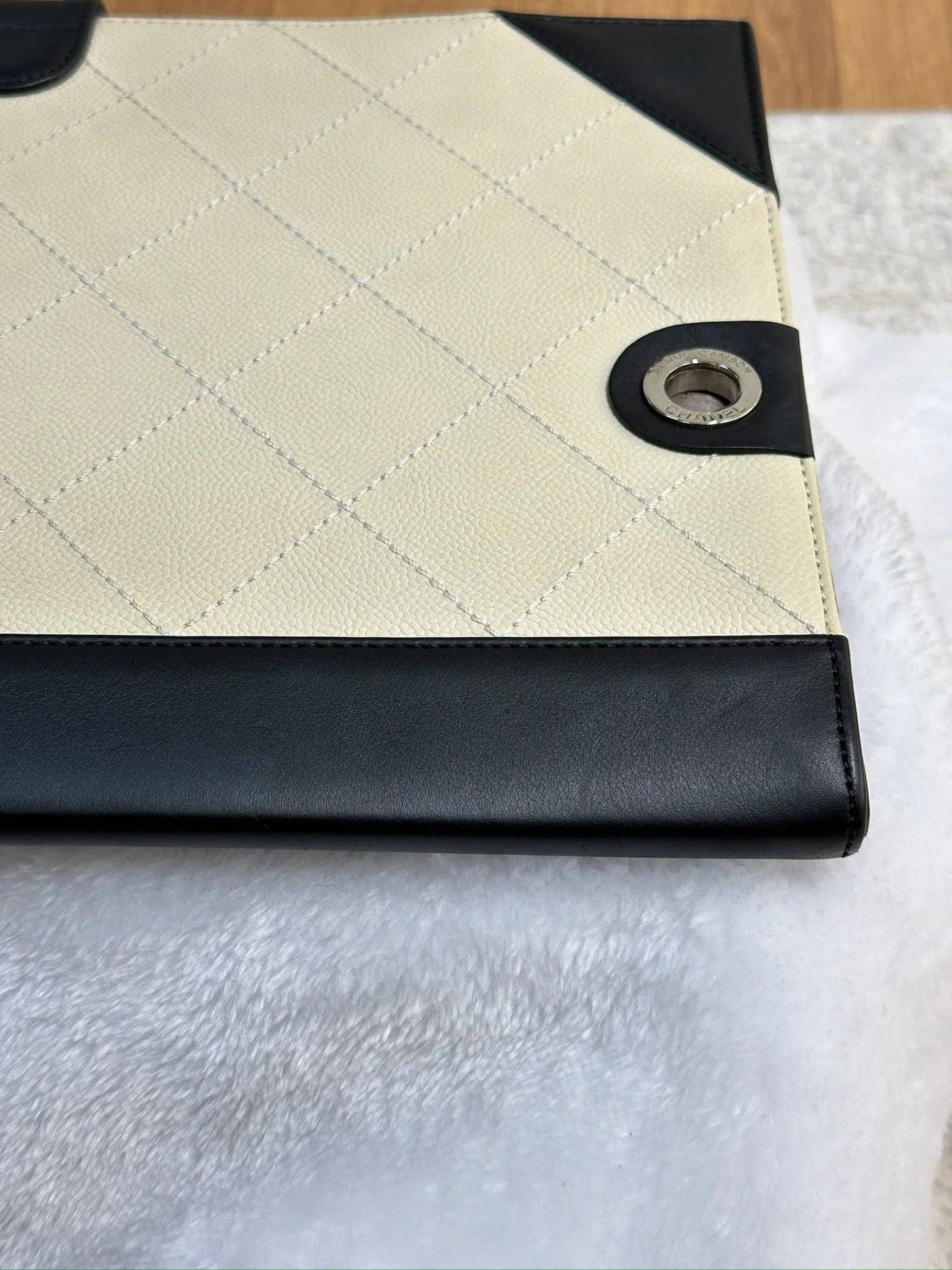 Chanel Medium Off White/Black Quilted Leather Drawing Portfolio Bag