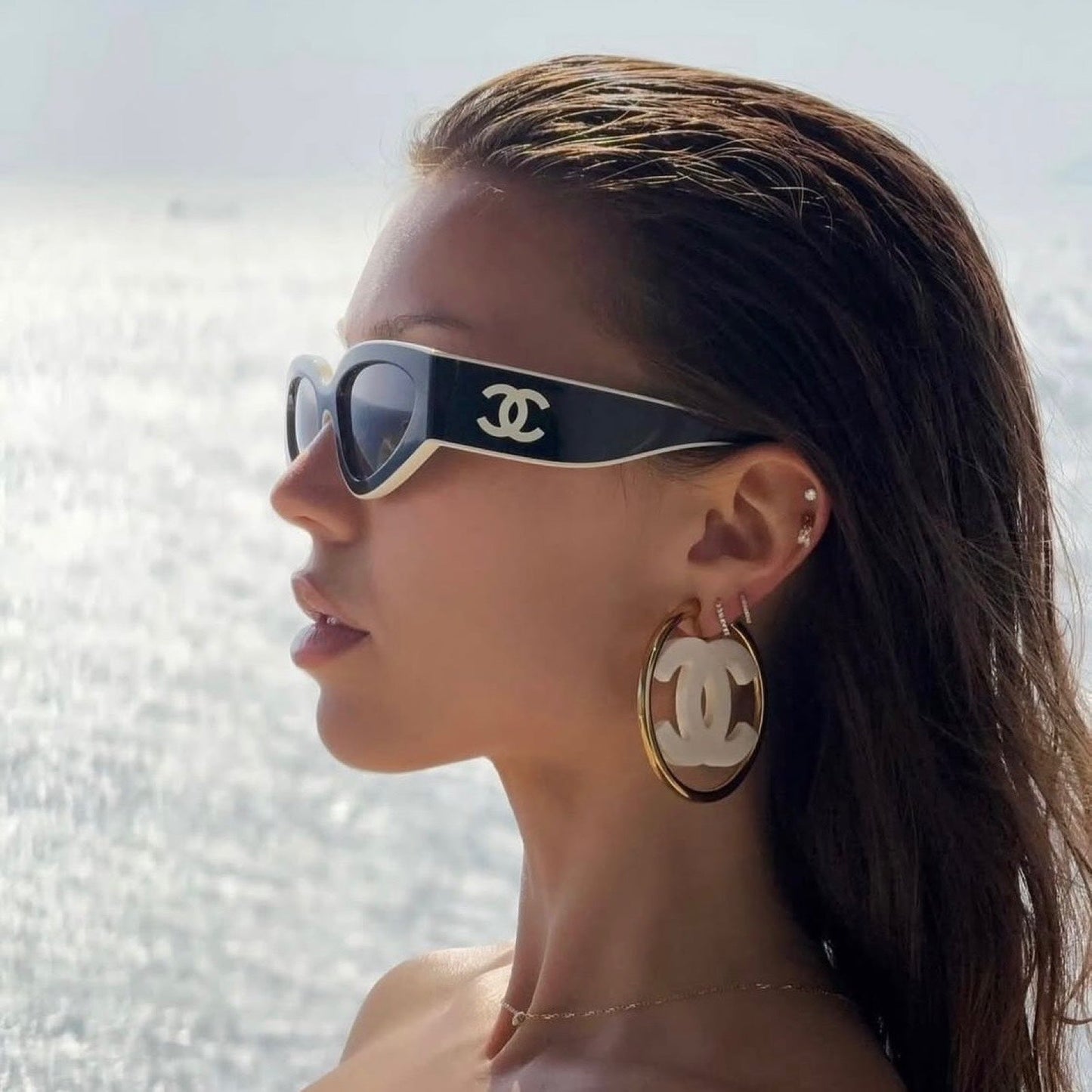 Chanel 24S Large CC Logo Hoop Clip-on Earrings with White Enamel in GHW