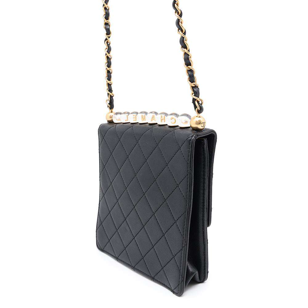 CHANEL Matelasse Imitation Pearl ChainShoulder Bag BlackAS0584 Goatskin Leather
