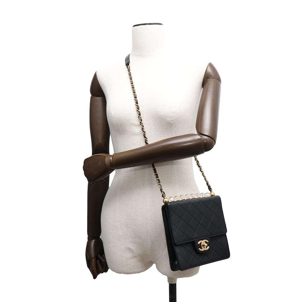 CHANEL Matelasse Imitation Pearl ChainShoulder Bag BlackAS0584 Goatskin Leather