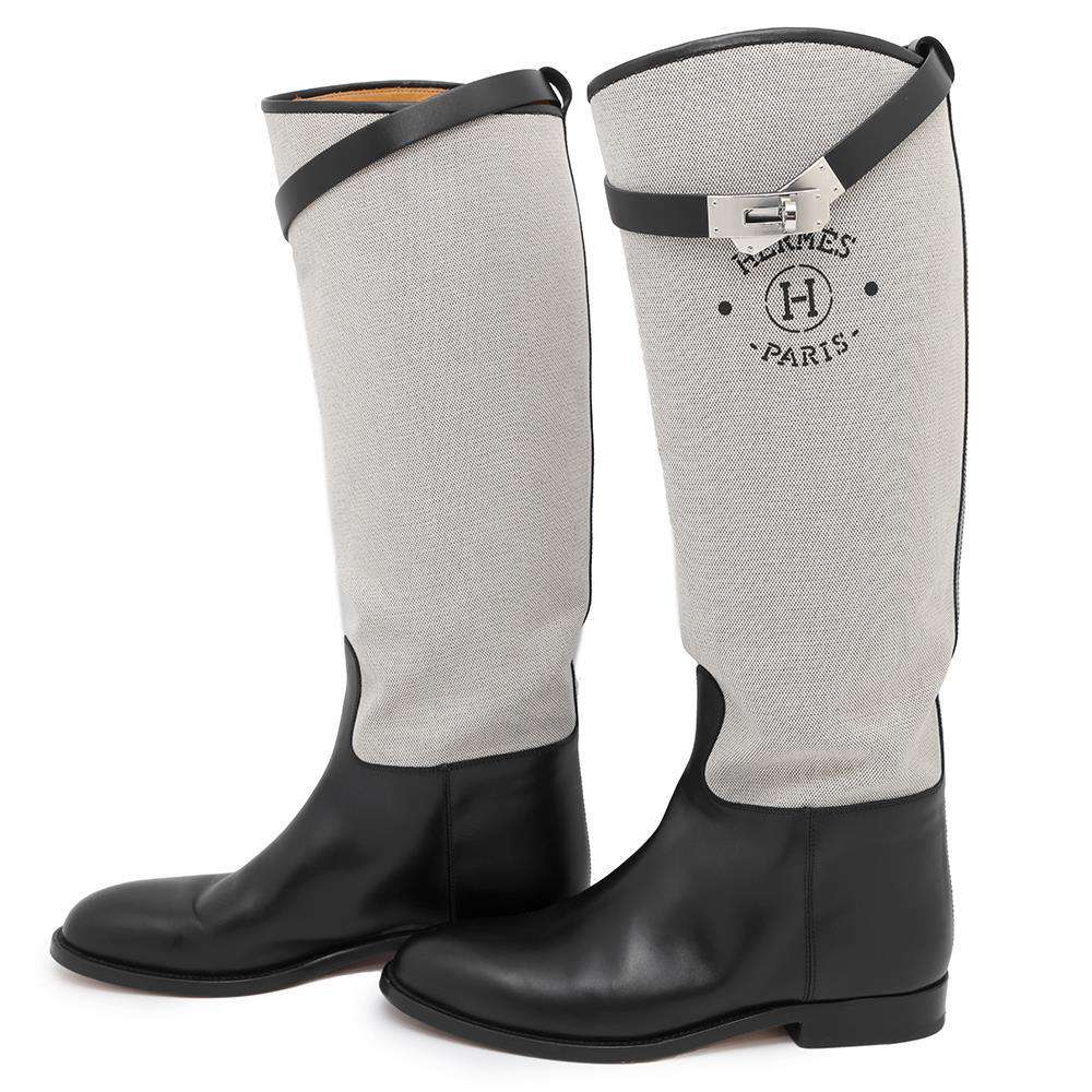 HERMES JumpingBoots Black Toile H Calf Leather Size 37