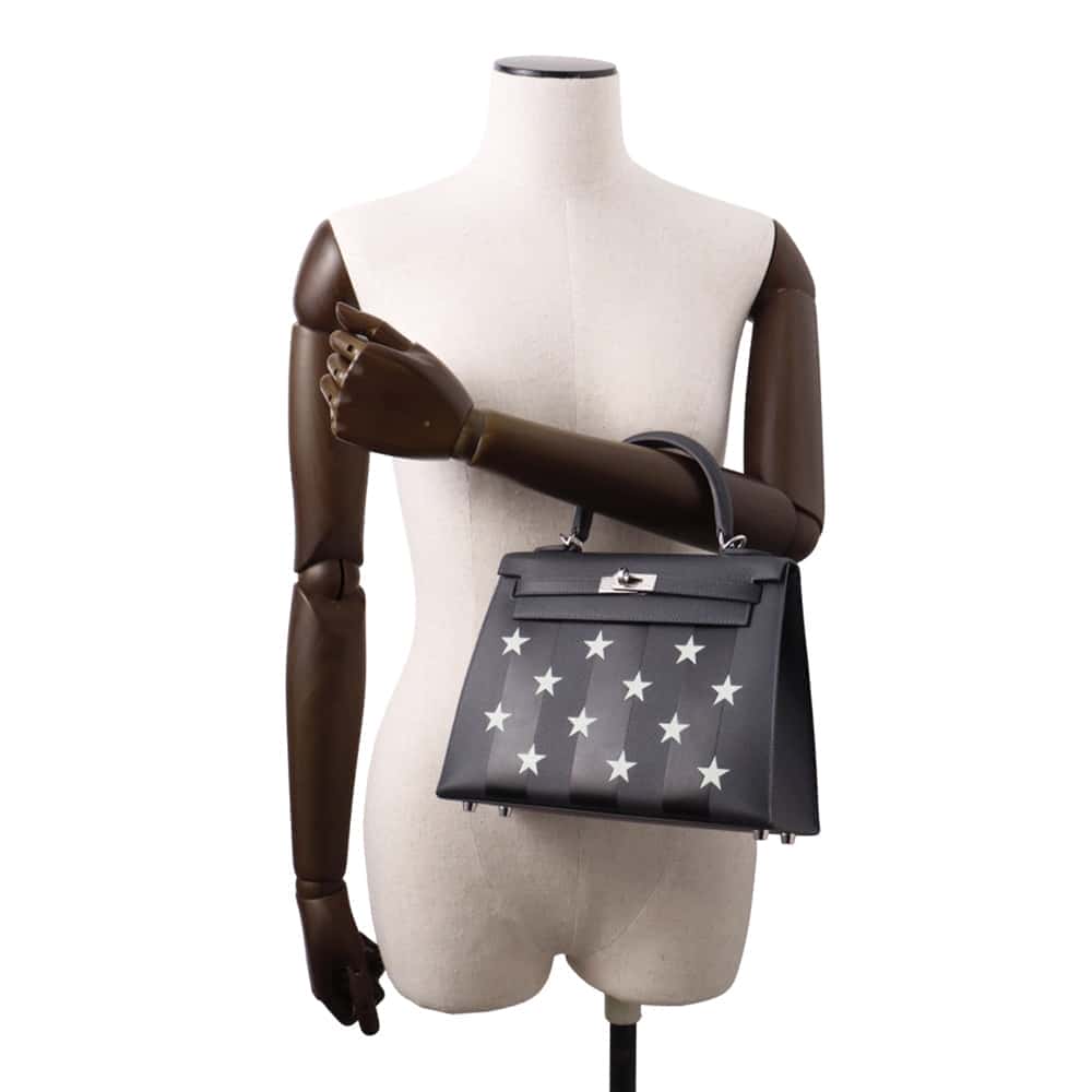 HERMES Kelly Sellier Casaque Etoile Ardoise/Black/VertPeppermint Epsom Tadelakt Leather Chevre Myzore Goatskin Size 25