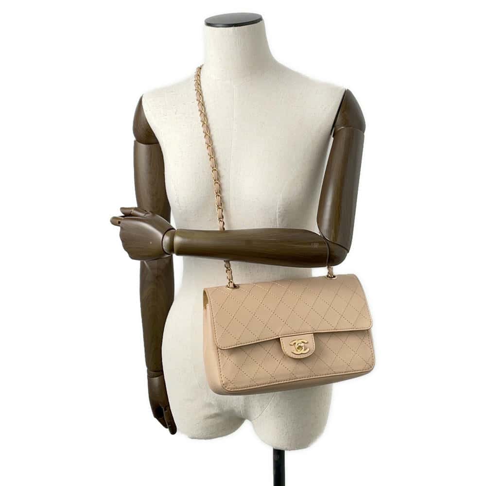 CHANEL Matelasse W-Flap W-Chain Shoulder Bag BeigeA01112 Leather