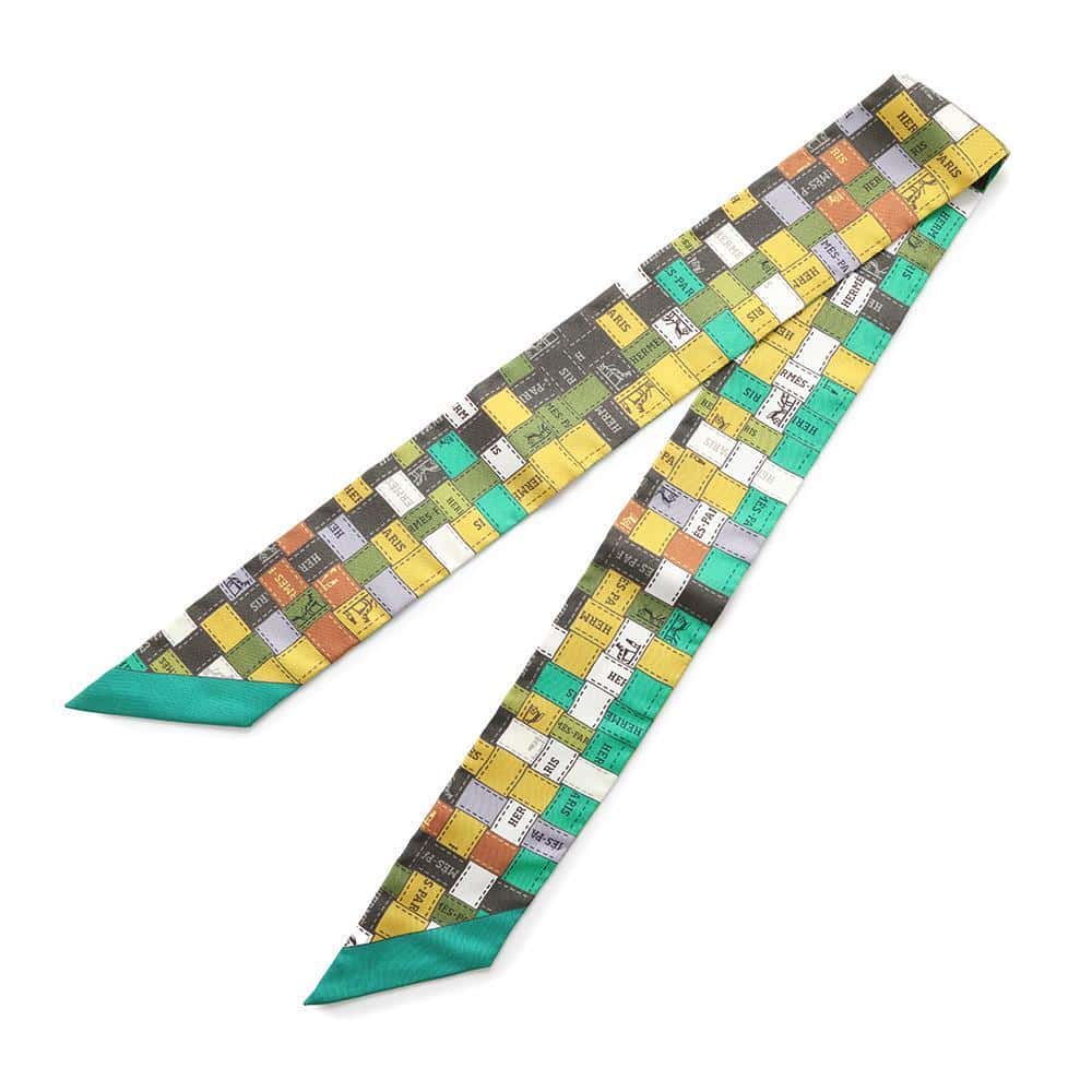 HERMES Twilly Bolduc Check Green/Yellow/Multicolor Silk100%