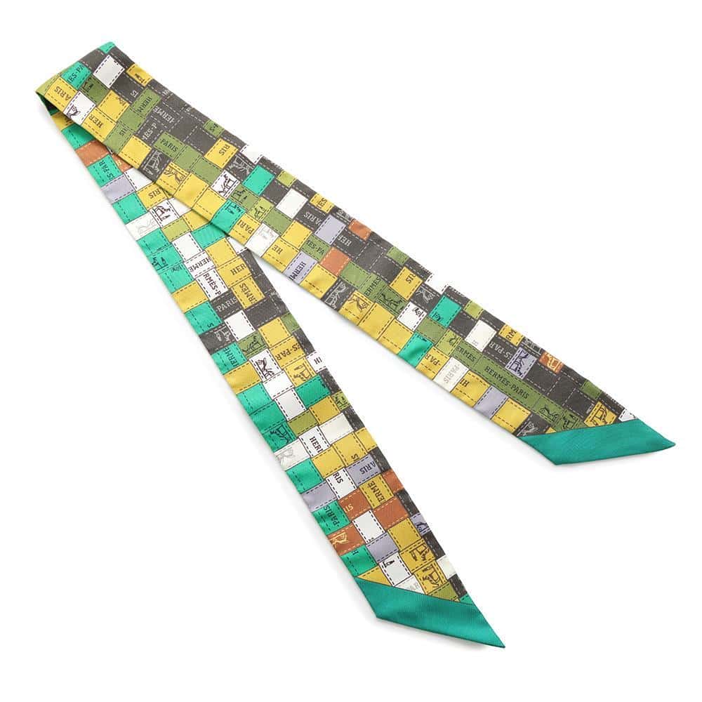 HERMES Twilly Bolduc Check Green/Yellow/Multicolor Silk100%