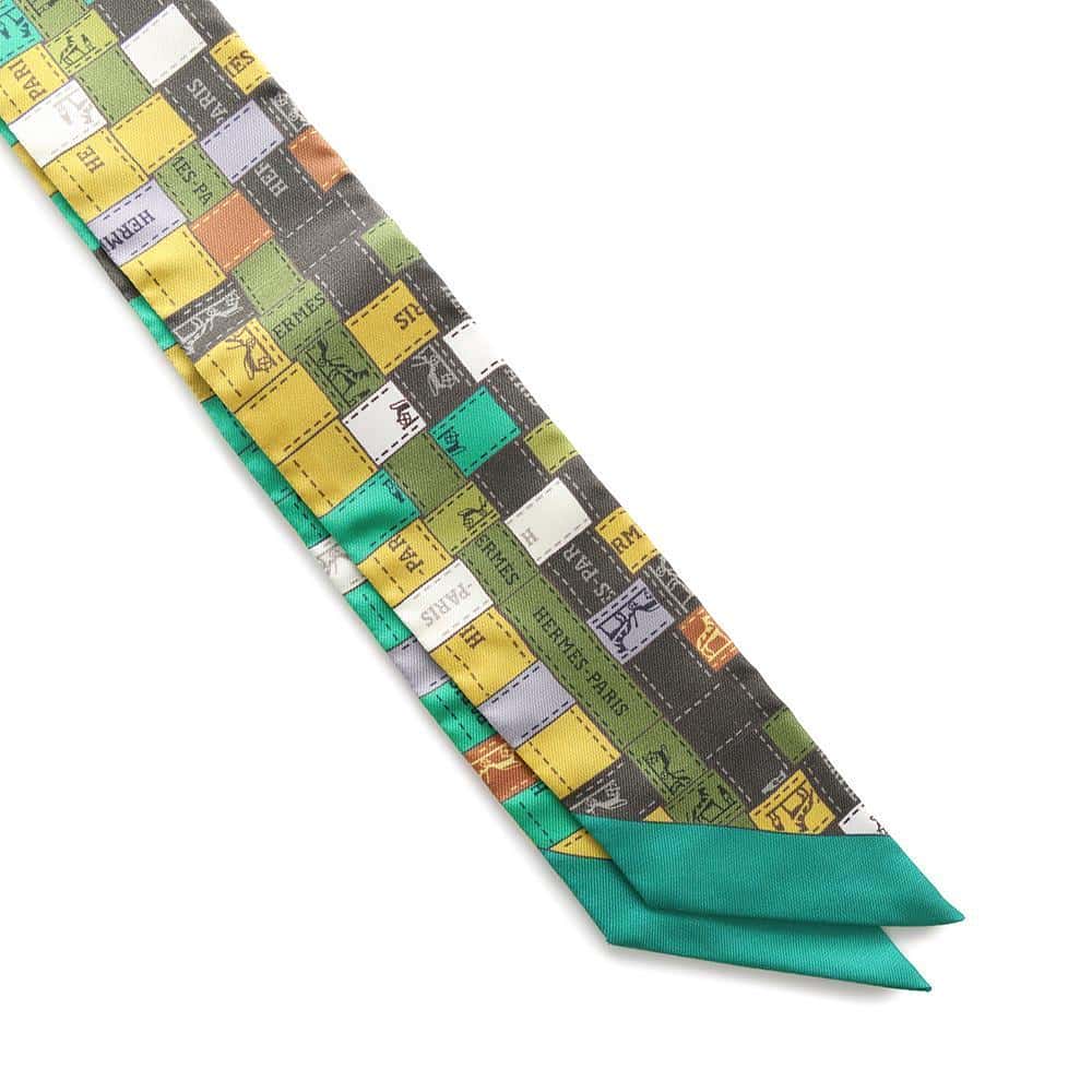 HERMES Twilly Bolduc Check Green/Yellow/Multicolor Silk100%