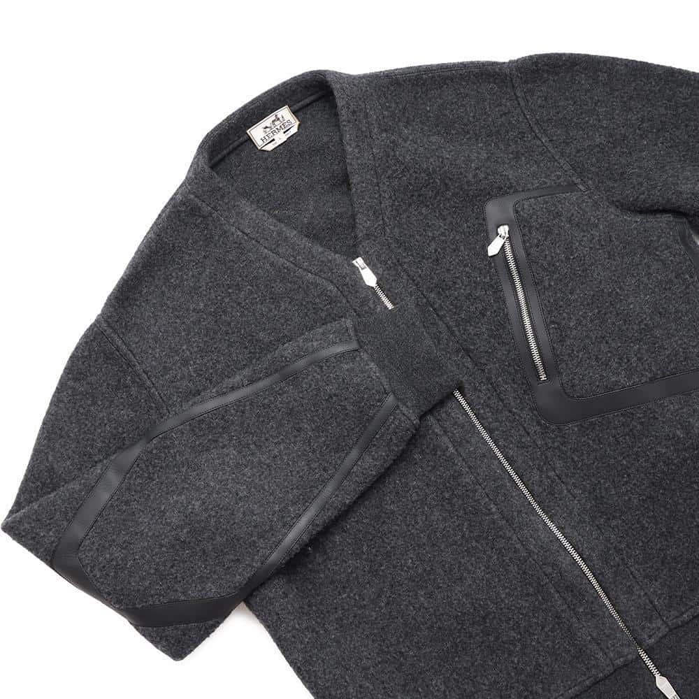 HERMES Leather detail zip-up cardigan Size L Gris FonceH467720HA5SLA Wool 63% Cashmere37%