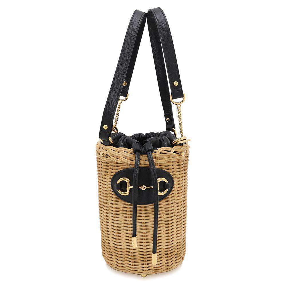 GUCCI Horsebit basket bucket bag Beige/Black649852 Straw Leather