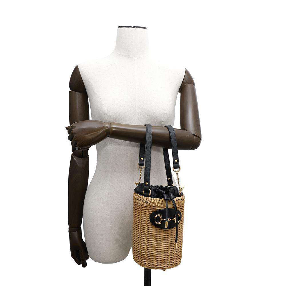 GUCCI Horsebit basket bucket bag Beige/Black649852 Straw Leather
