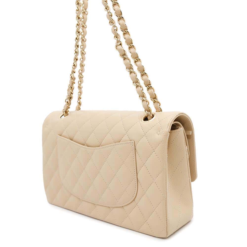 CHANEL Matelasse Double Flap Chain Shoulder Bag BeigeA01112 Caviar Leather Size 25