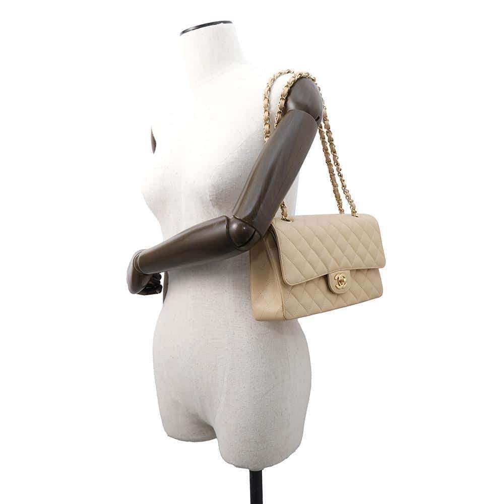 CHANEL Matelasse Double Flap Chain Shoulder Bag BeigeA01112 Caviar Leather Size 25