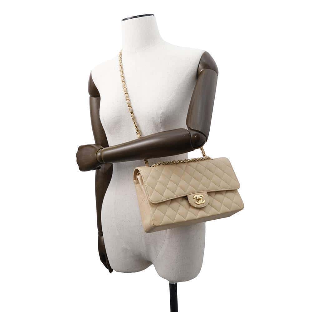 CHANEL Matelasse Double Flap Chain Shoulder Bag BeigeA01112 Caviar Leather Size 25