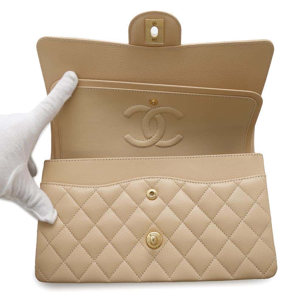 CHANEL Matelasse Double Flap Chain Shoulder Bag BeigeA01112 Caviar Leather Size 25