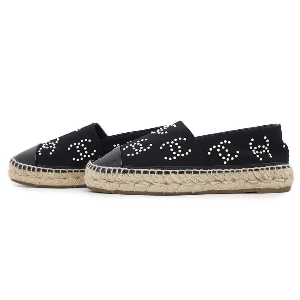 CHANEL CC Logo Pearl espadrilles BlackG38628 Jersey Patent Leather Size 36C