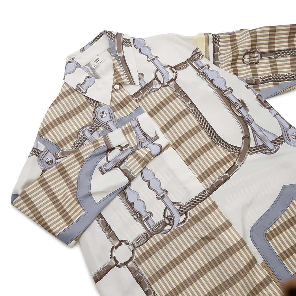 HERMES Wide shirt "Coaching Remix" Size 40 Multicolor Silk100%