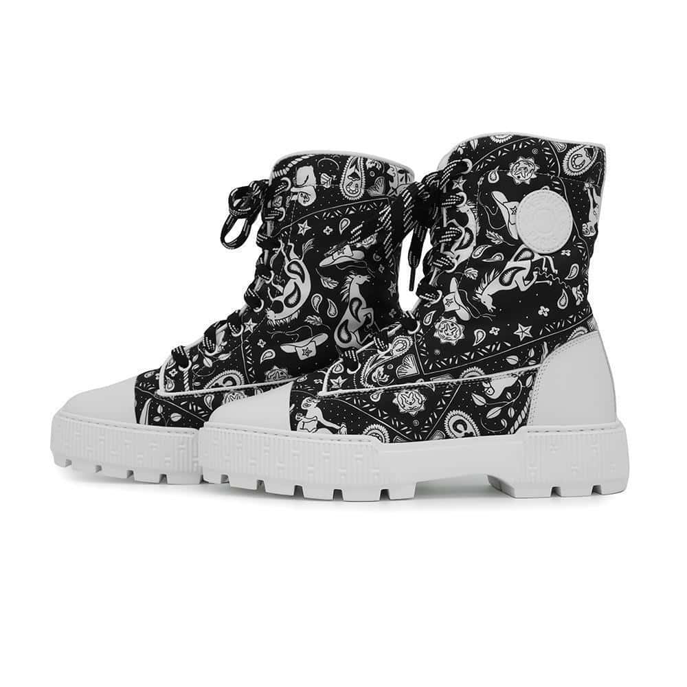 HERMES Short Boots Fresh BandanaPattern White/BlackH241173Z Calf Leather Quilted Parachute Fabric Rubber Size 37