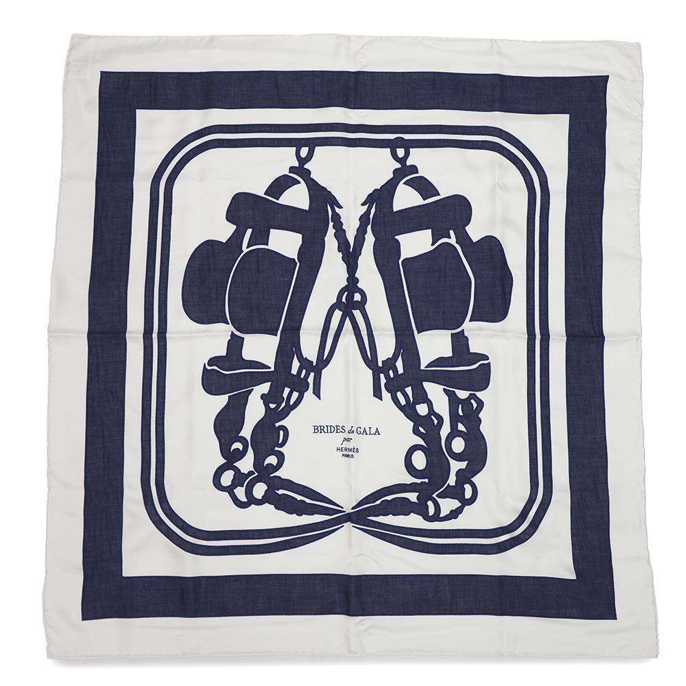 HERMES Carre Brides de Gala Tattoo Cotton Brides de Gala Tattoo Size 90 Marine/White Silk100%