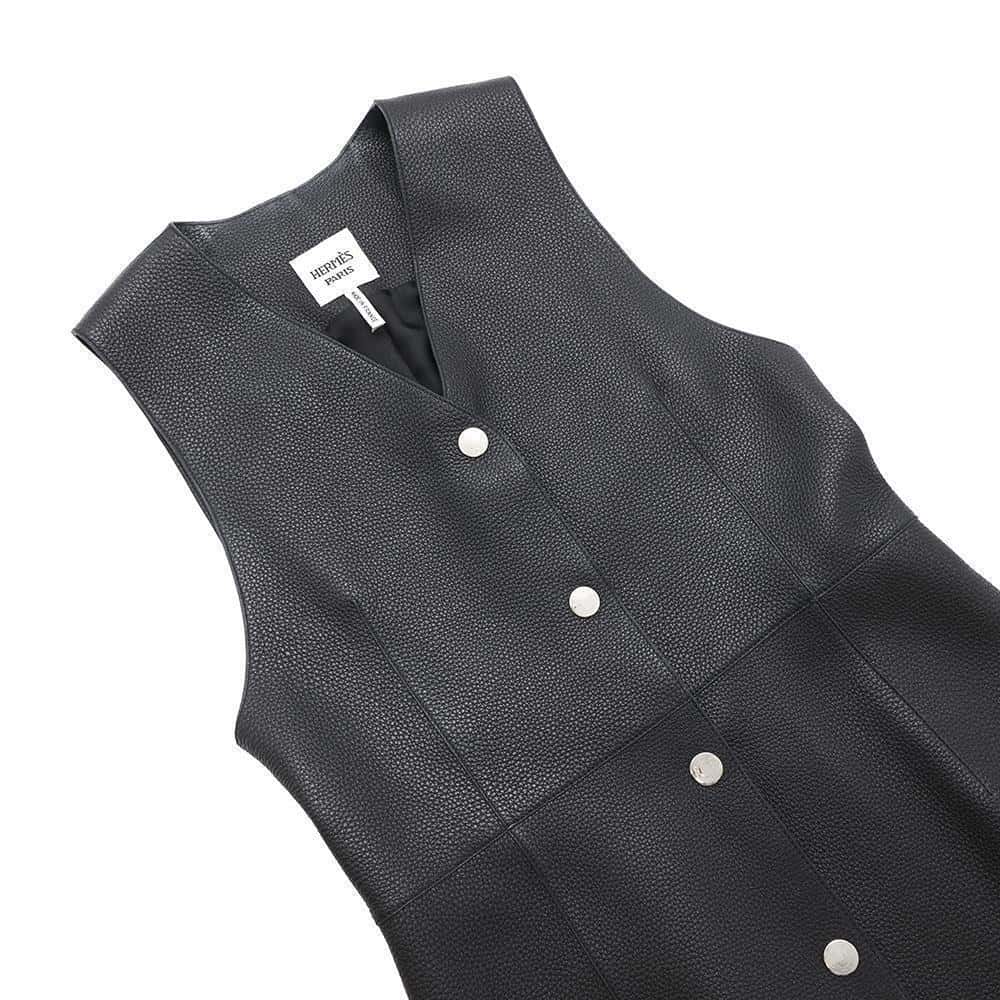 HERMES Long gilet Size 34 Black Deer Leather100%