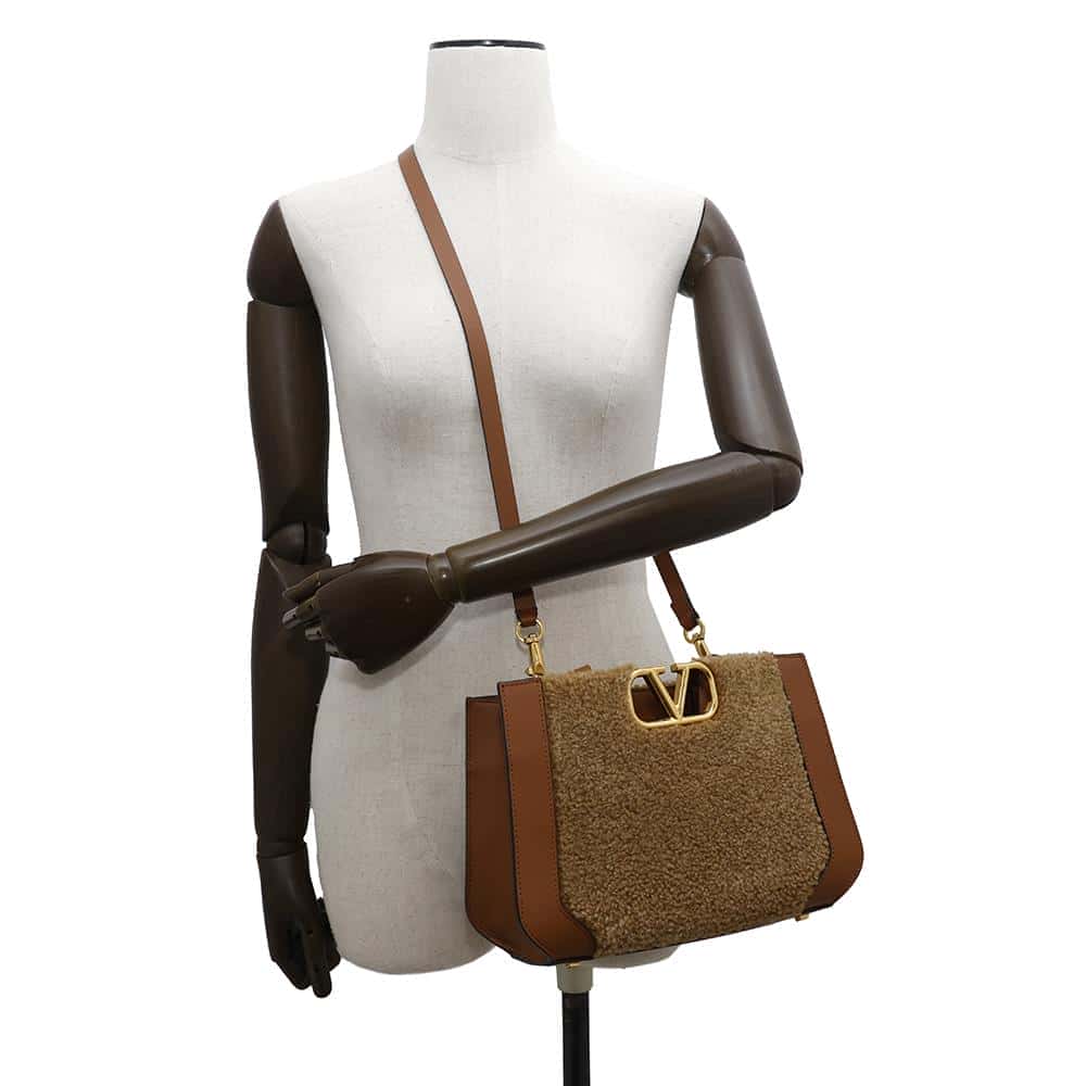 Valentino Garavani V-sling 2WAY Shoulder Brown Mouton Leather