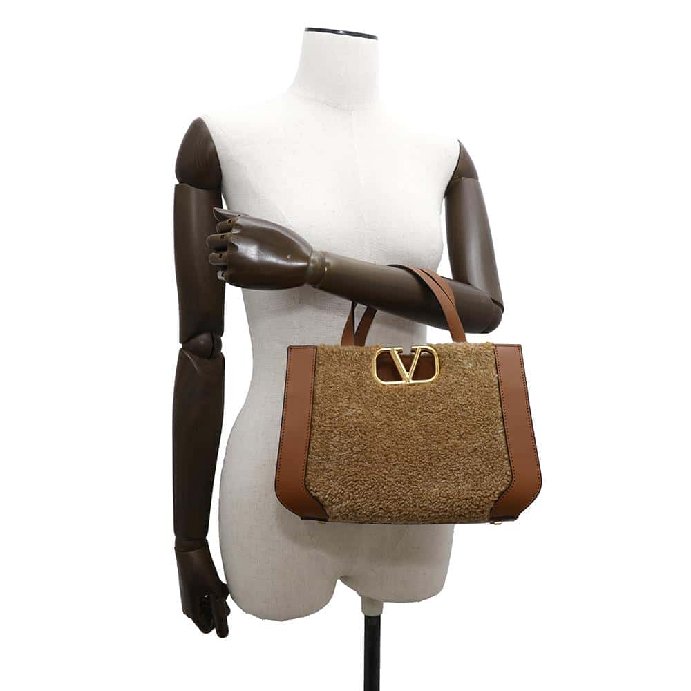 Valentino Garavani V-sling 2WAY Shoulder Brown Mouton Leather