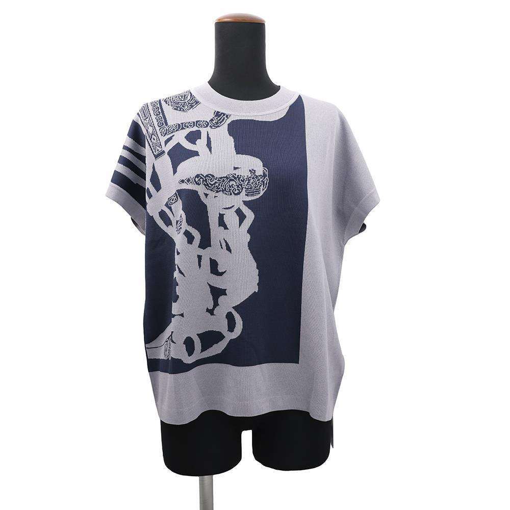 HERMES Short sleeve knit JacquardKnit 《Bride de Gala》 Size Chronomat 44 Blue・NoirH5E2685DA5H34 Rayon49% Silk27% Cotton20% Nylon4%