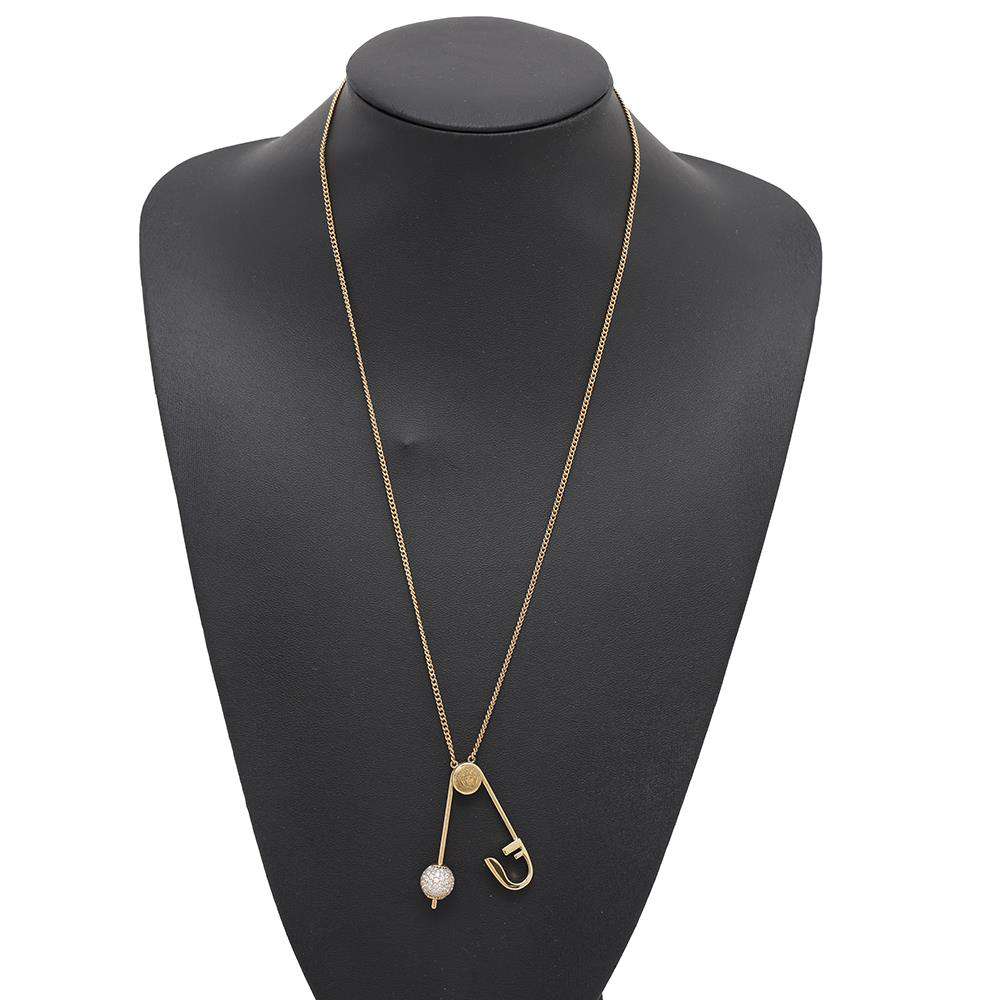FENDI Fendace Safety Pin Motif Rhinestone Necklace Gold8AH599 A44G Gold Plated Rhinestone
