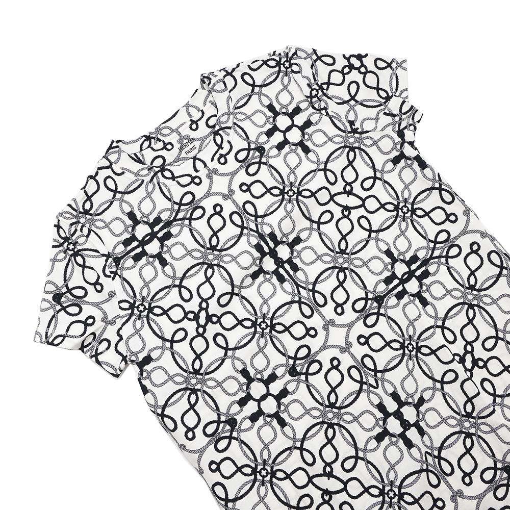 HERMES Cordriere short sleeve dress Size 40 White/Black/Gray Cotton100%