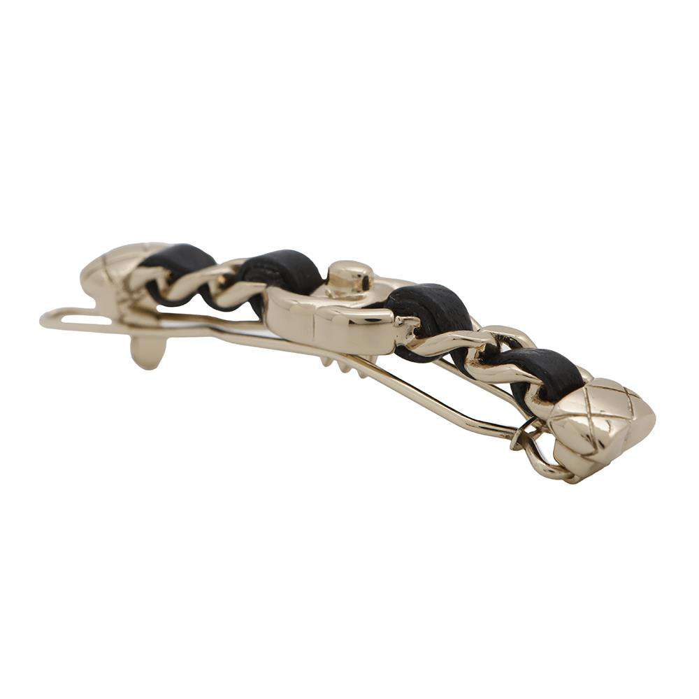 CHANEL CC Logo Turnlock Hair Clip Black Metal Leather