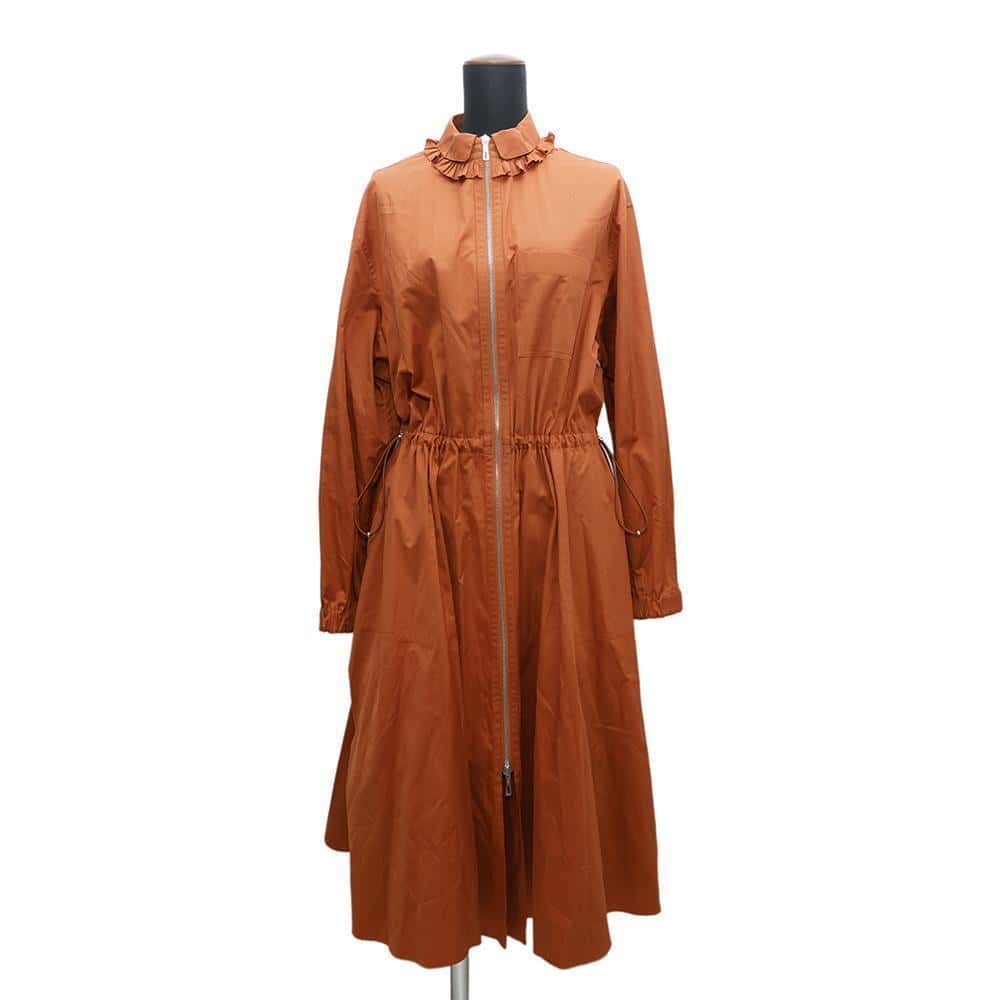 HERMES Frill Zip Elastic Dress Size 38 Orange Canyon Cotton100%