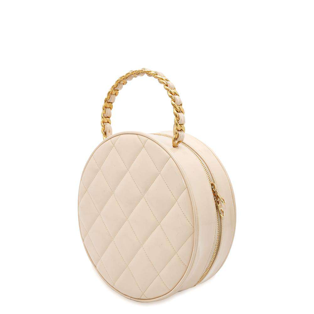 CHANEL Round Vanity Handbag Beige Patent Leather