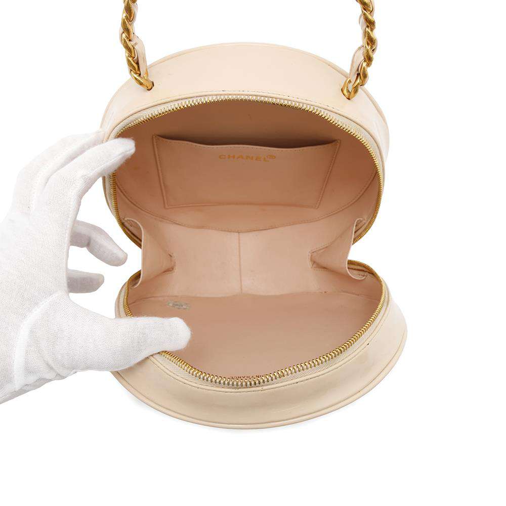 CHANEL Round Vanity Handbag Beige Patent Leather