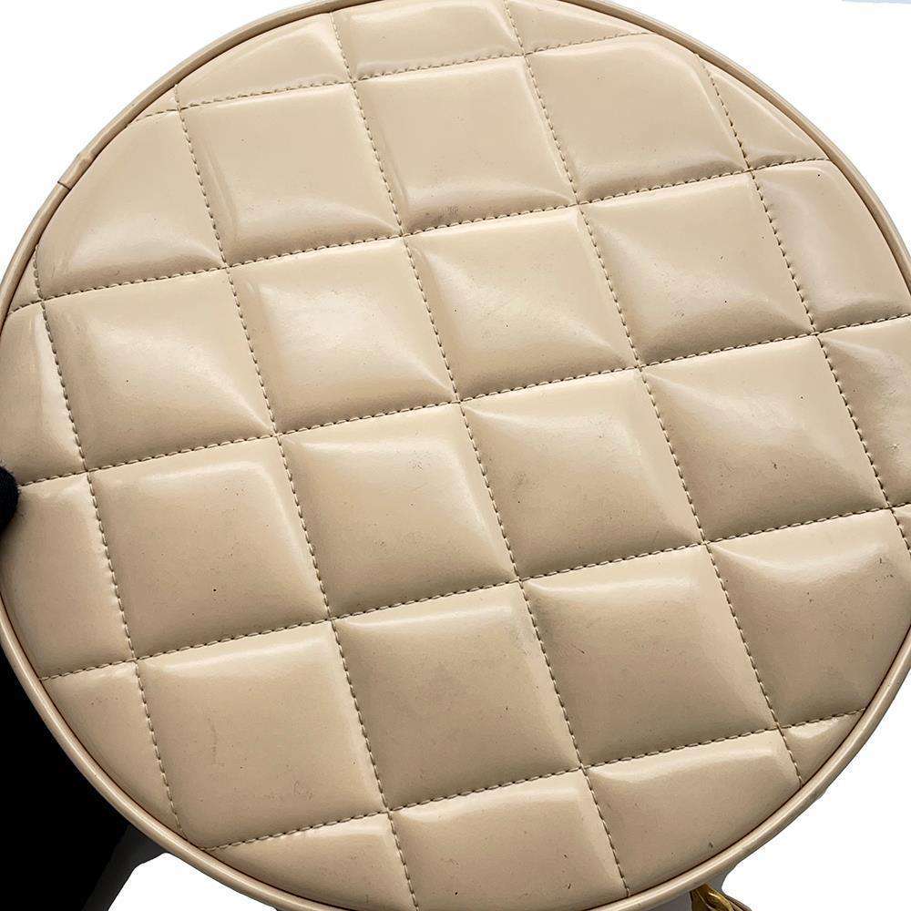 CHANEL Round Vanity Handbag Beige Patent Leather
