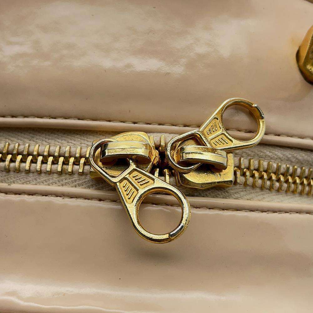 CHANEL Round Vanity Handbag Beige Patent Leather