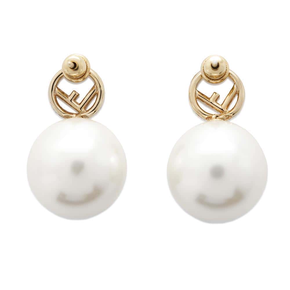 FENDI Fiz Pearl Earrings White/Gold8AG858 Metal Faux Pearl Rhinestone