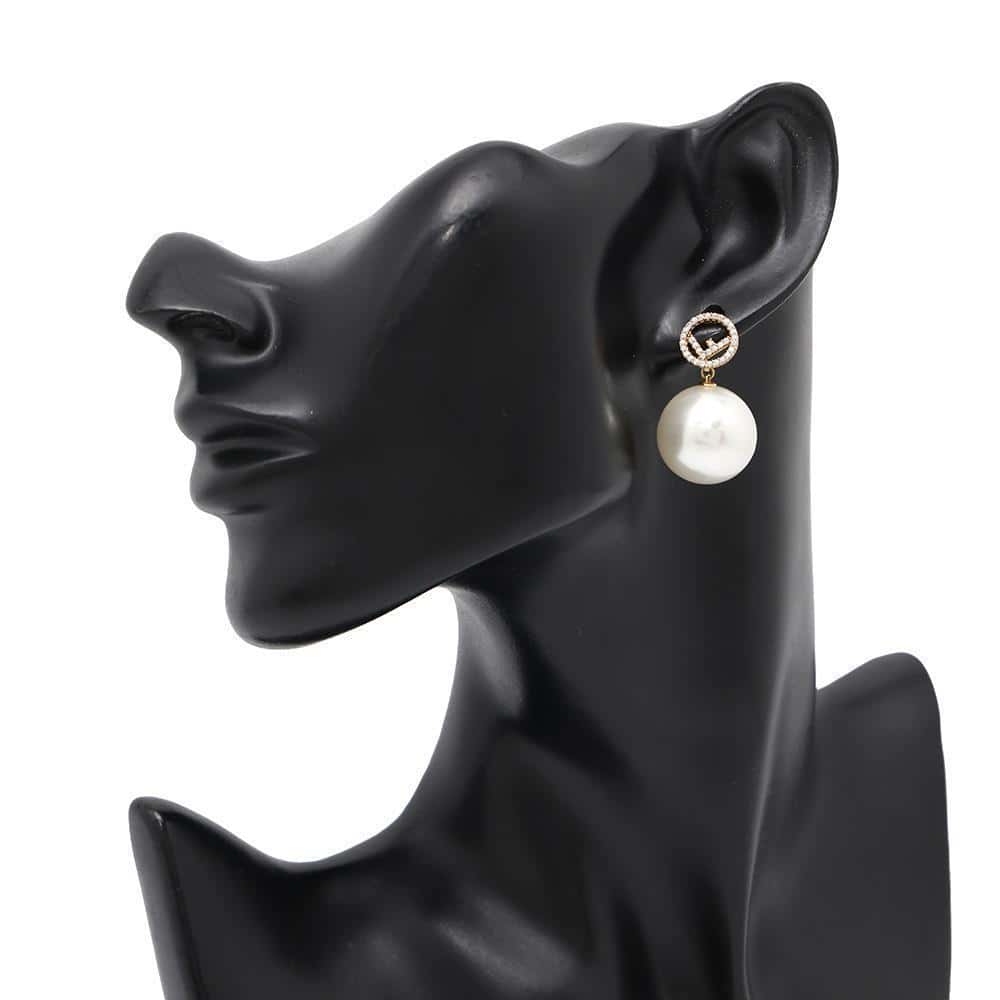 FENDI Fiz Pearl Earrings White/Gold8AG858 Metal Faux Pearl Rhinestone