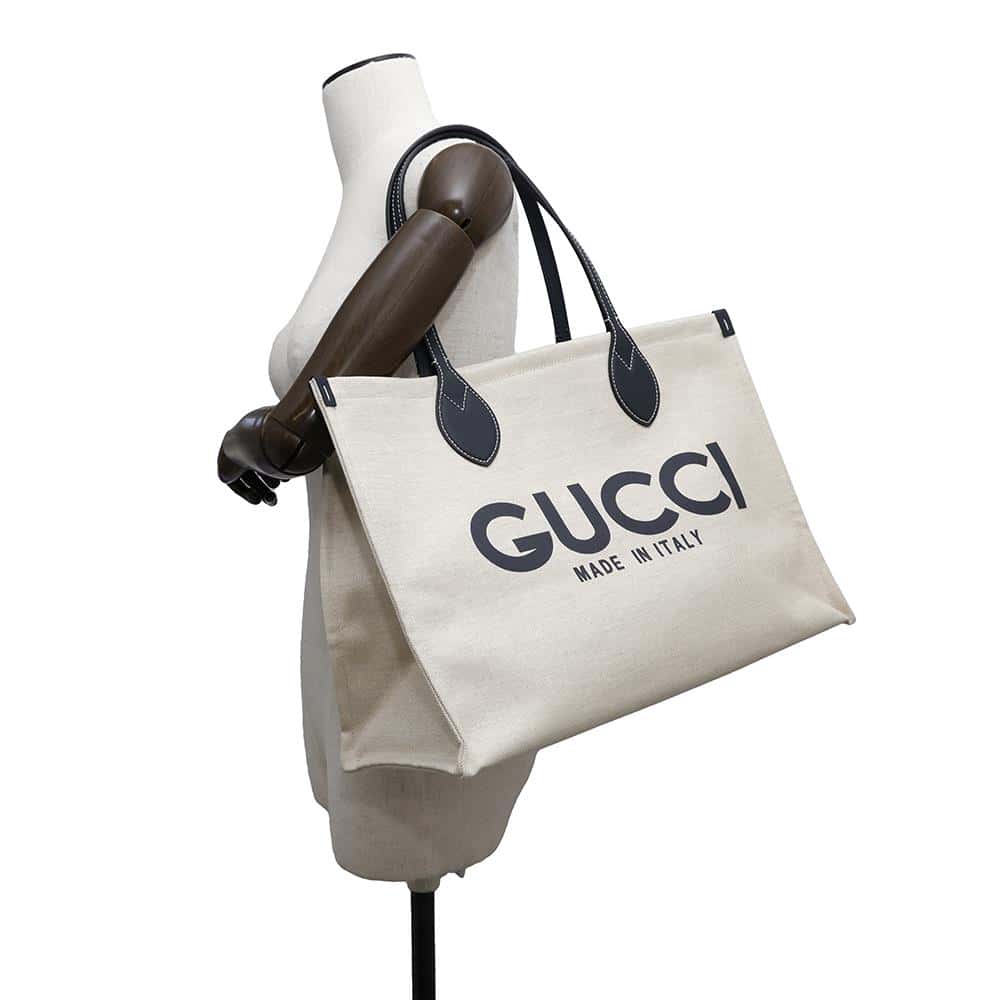 GUCCI Logo print Tote Bag Beige/Dark Blue772176 Canvas Leather Size Medium
