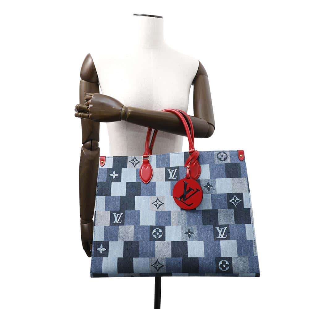 LOUIS VUITTON Onthego Blue/RedM44992 Monogram Denim Leather Size GM