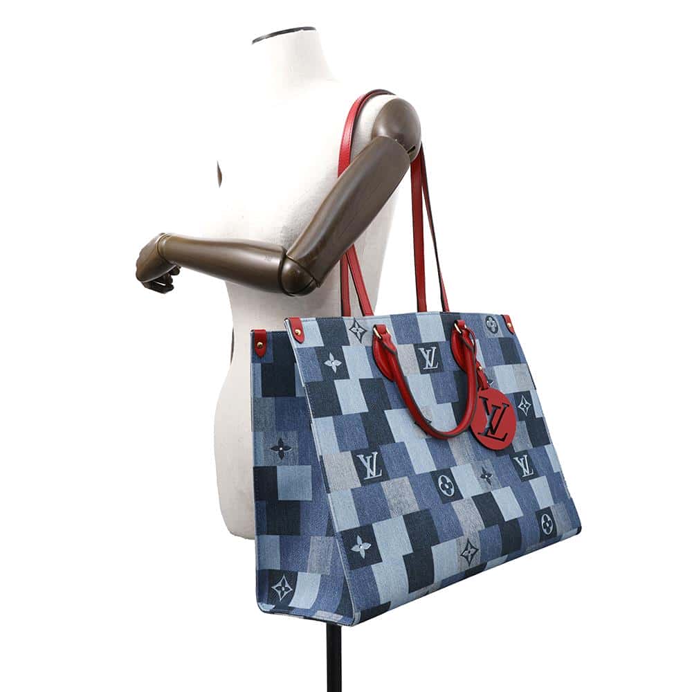 LOUIS VUITTON Onthego Blue/RedM44992 Monogram Denim Leather Size GM