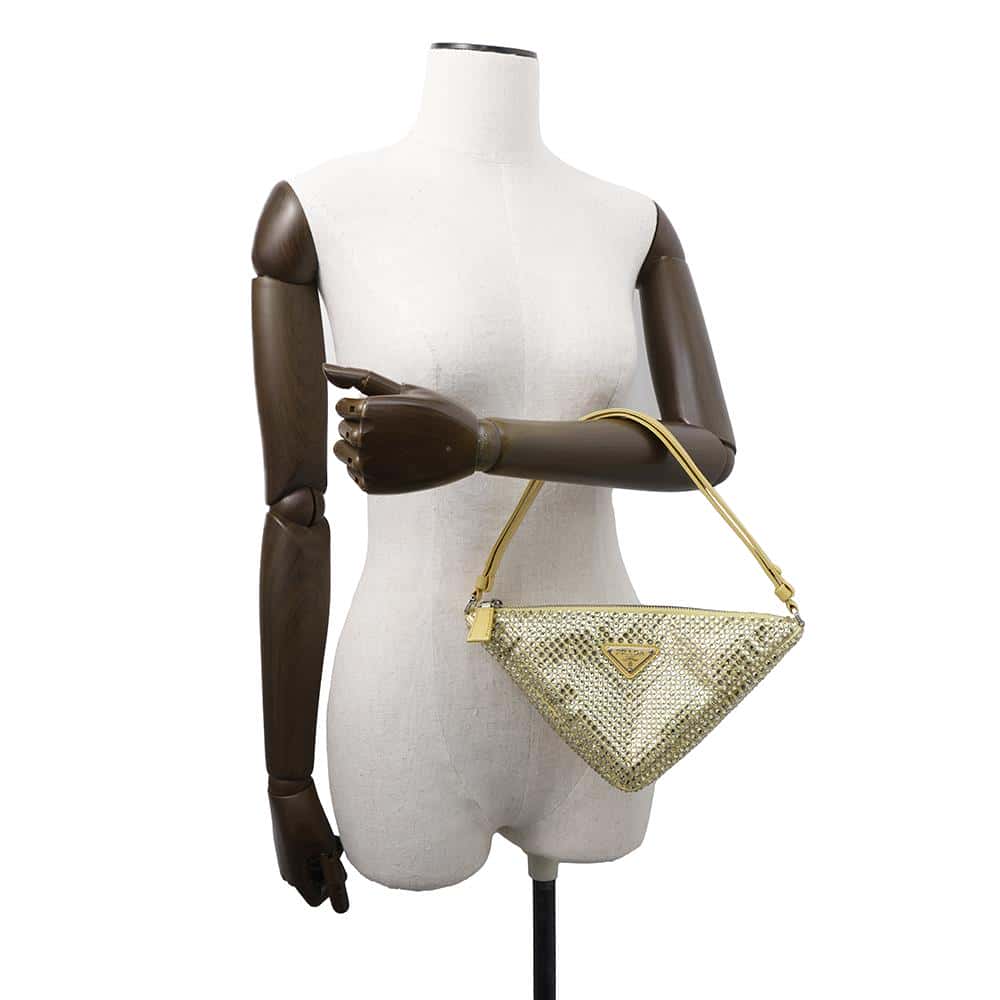 PRADA CrystalStudded Triangle Handbag Yellow1NQ044 Satin Leather Rhinestone
