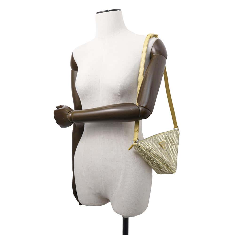 PRADA CrystalStudded Triangle Handbag Yellow1NQ044 Satin Leather Rhinestone