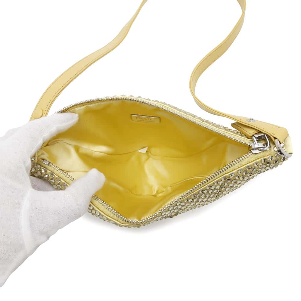 PRADA CrystalStudded Triangle Handbag Yellow1NQ044 Satin Leather Rhinestone