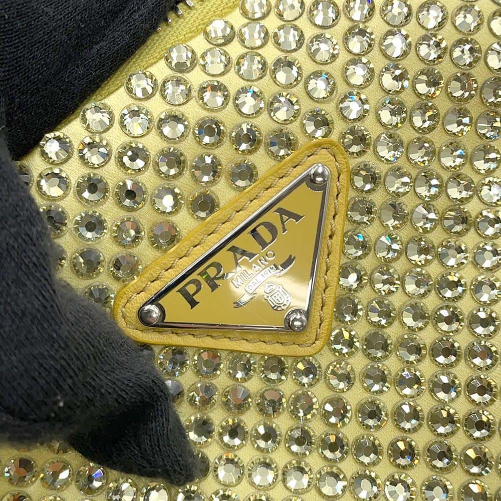 PRADA CrystalStudded Triangle Handbag Yellow1NQ044 Satin Leather Rhinestone