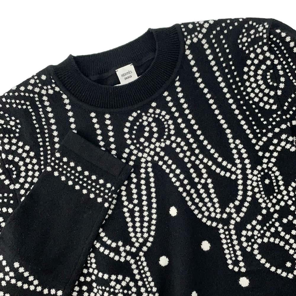 HERMES Brid Dougala Dot Sweater Size 34 Black/White Cashmere63% Cotton35% Nylon2%