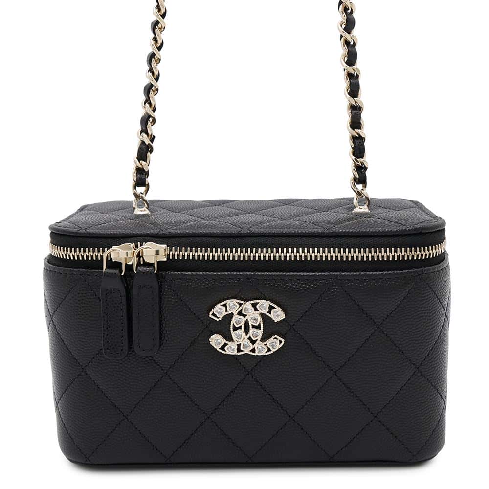CHANEL CC Logo Heart Rhinestone Matelasse Vanity ChainShoulder Bag BlackAP4530 Caviar Leather Strass