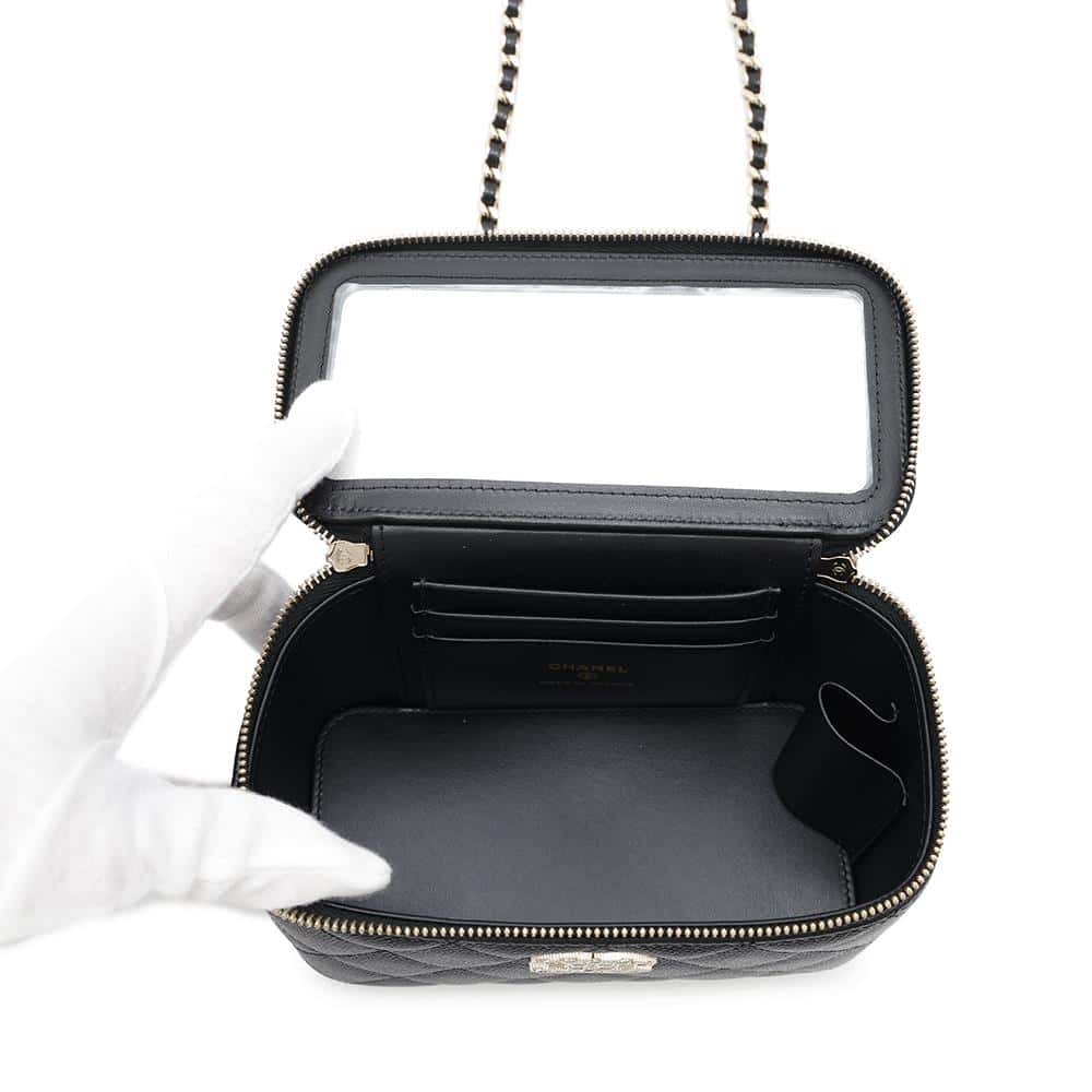 CHANEL CC Logo Heart Rhinestone Matelasse Vanity ChainShoulder Bag BlackAP4530 Caviar Leather Strass