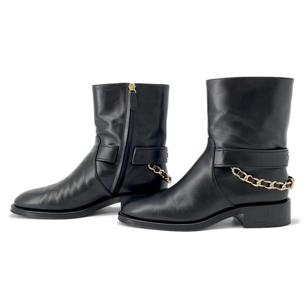 CHANEL CC Logo Chain short boots BlackG39170 Leather Size 37 1/2