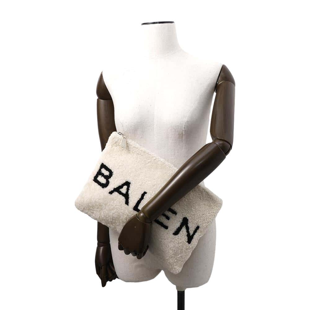 BALENCIAGA Shearling Clutch Bag White/Black492681 Mouton