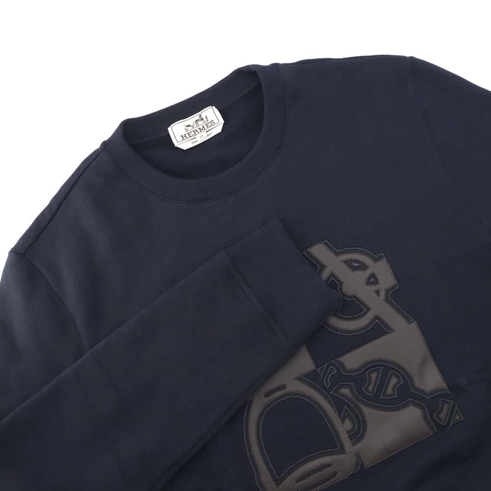 HERMES Round neck Knitted Fabric Leather patch "Metalli au Carré" Size XS Marine Cotton100%
